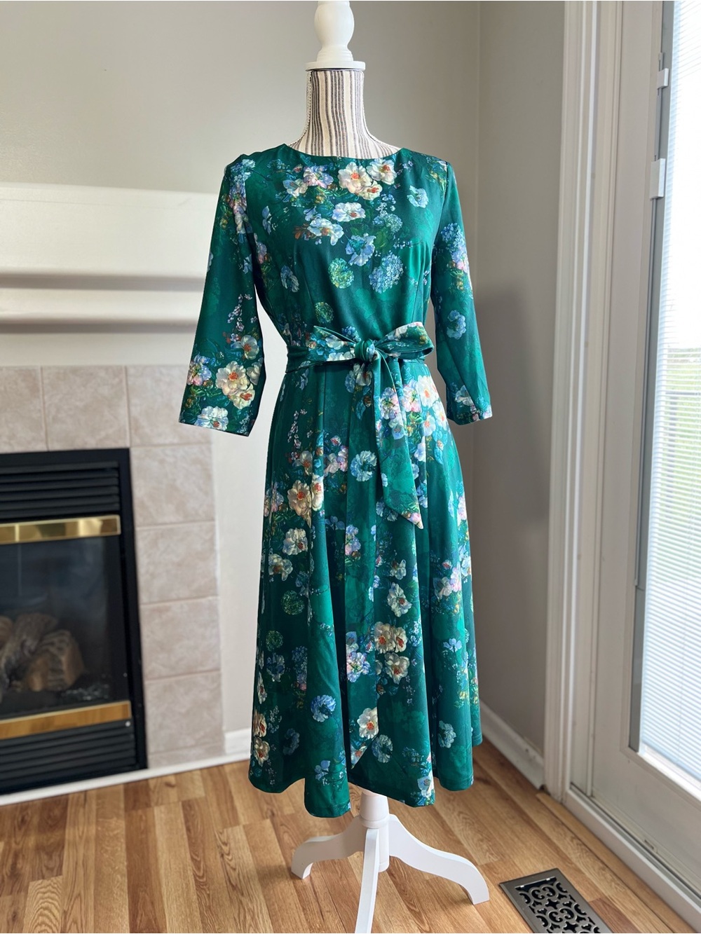 Green Floral Belted Midi Dress